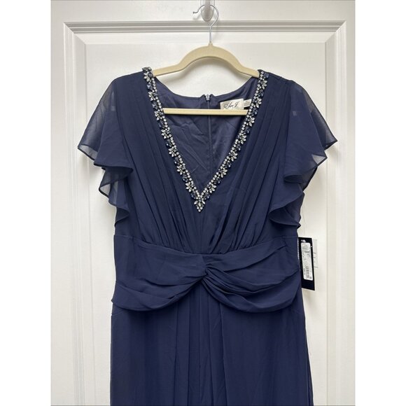 Eliza J Size 14 Navy Twist Waist Chiffon Flutter Sleeve Beaded V-Neck Dress - Picture 5 of 11